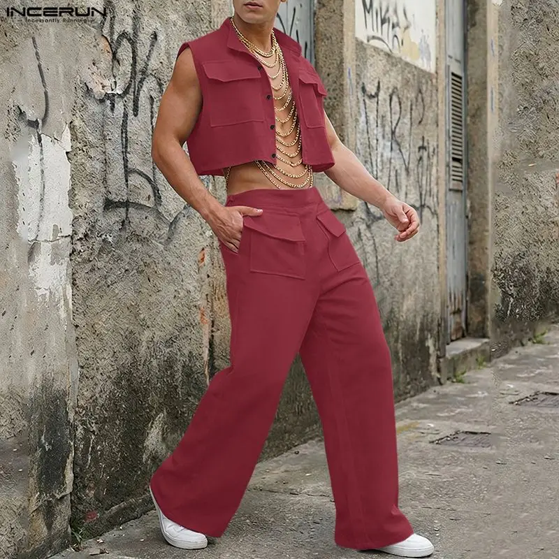 Men'S Fashion Pants - INCERUN Men Sets Solid Sleeveless Crop