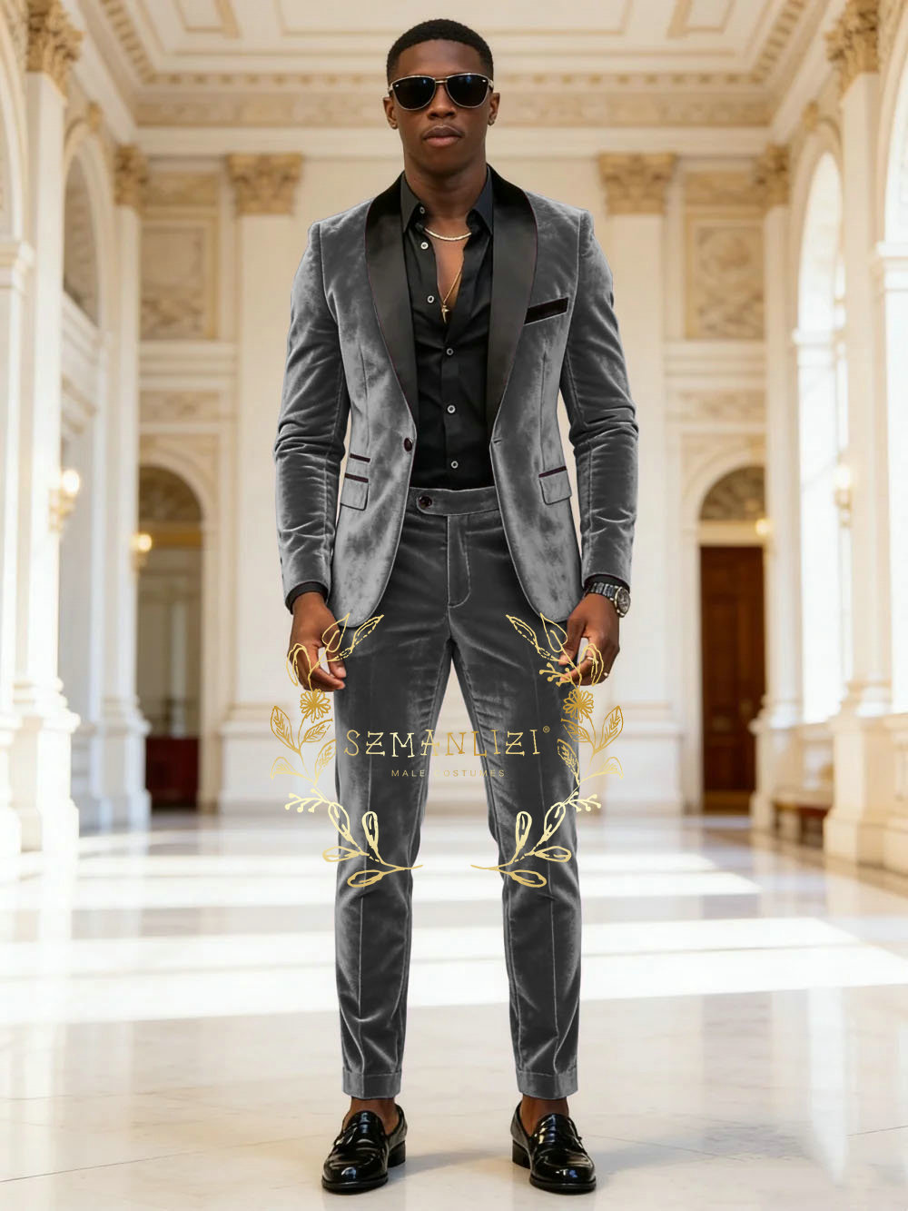 Mens Fashion Dark Grey Pants - Dark Grey Velvet 2 Pieces Men