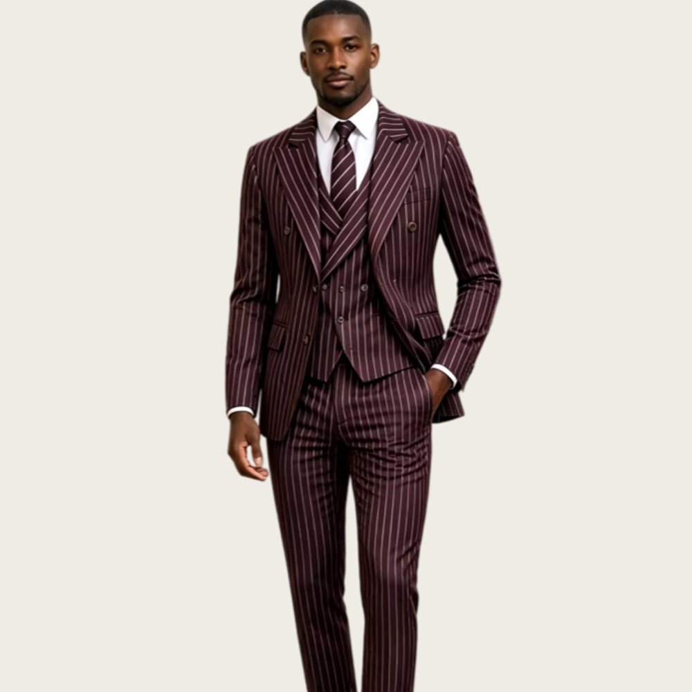 Slim Fit Blazer Men - Burgundy Pinstripe Men Suits 3 Pieces